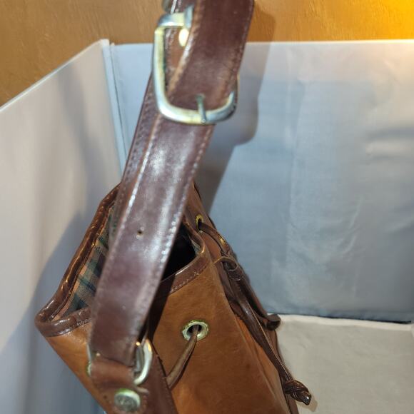 Marino Orlandi Leather Italian Bucket Bag NewBuck Cognac Drawstring Purse tartan - Picture 4 of 12